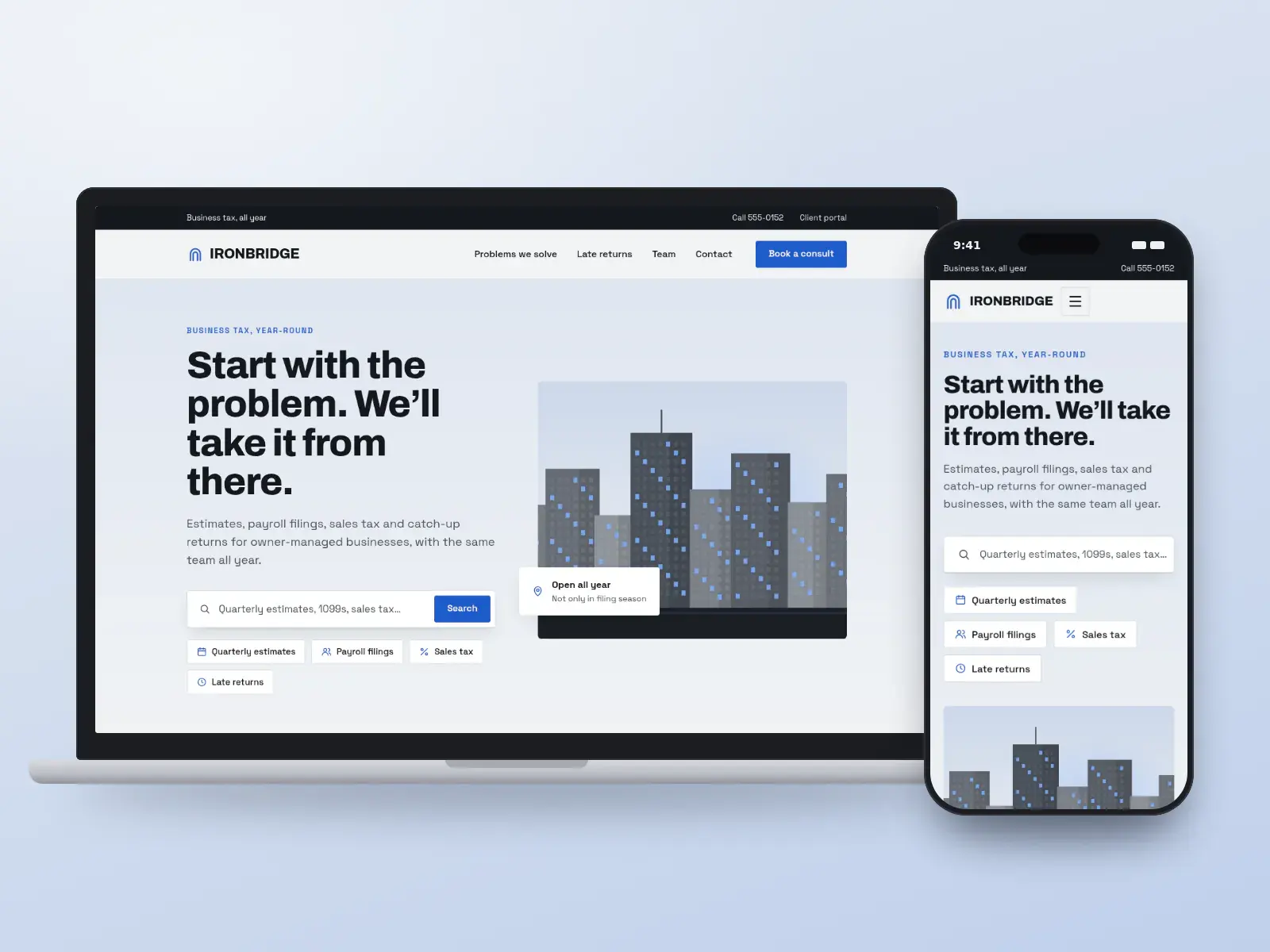 Ironbridge Business Tax, an iron grey and signal blue business tax website with a search bar, quick links for estimates, payroll and late returns, and a city towers illustration, on a laptop and a phone.