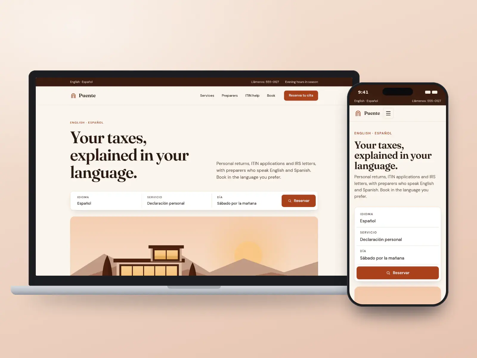 Puente Tax Services, a rust and cream bilingual tax website with a Spanish booking bar “Reserva tu cita” and a wide illustration of a river and town at sunset, on a laptop and a phone.