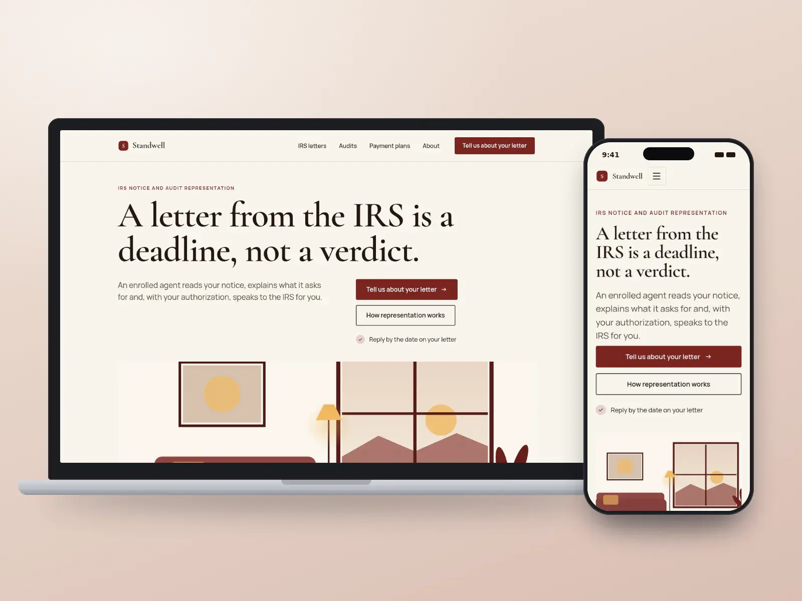 Standwell Representation, an oxblood and parchment editorial website for IRS notice help with a large serif headline above a lamp-lit study illustration and a form asking which letter you got, on a laptop and a phone.