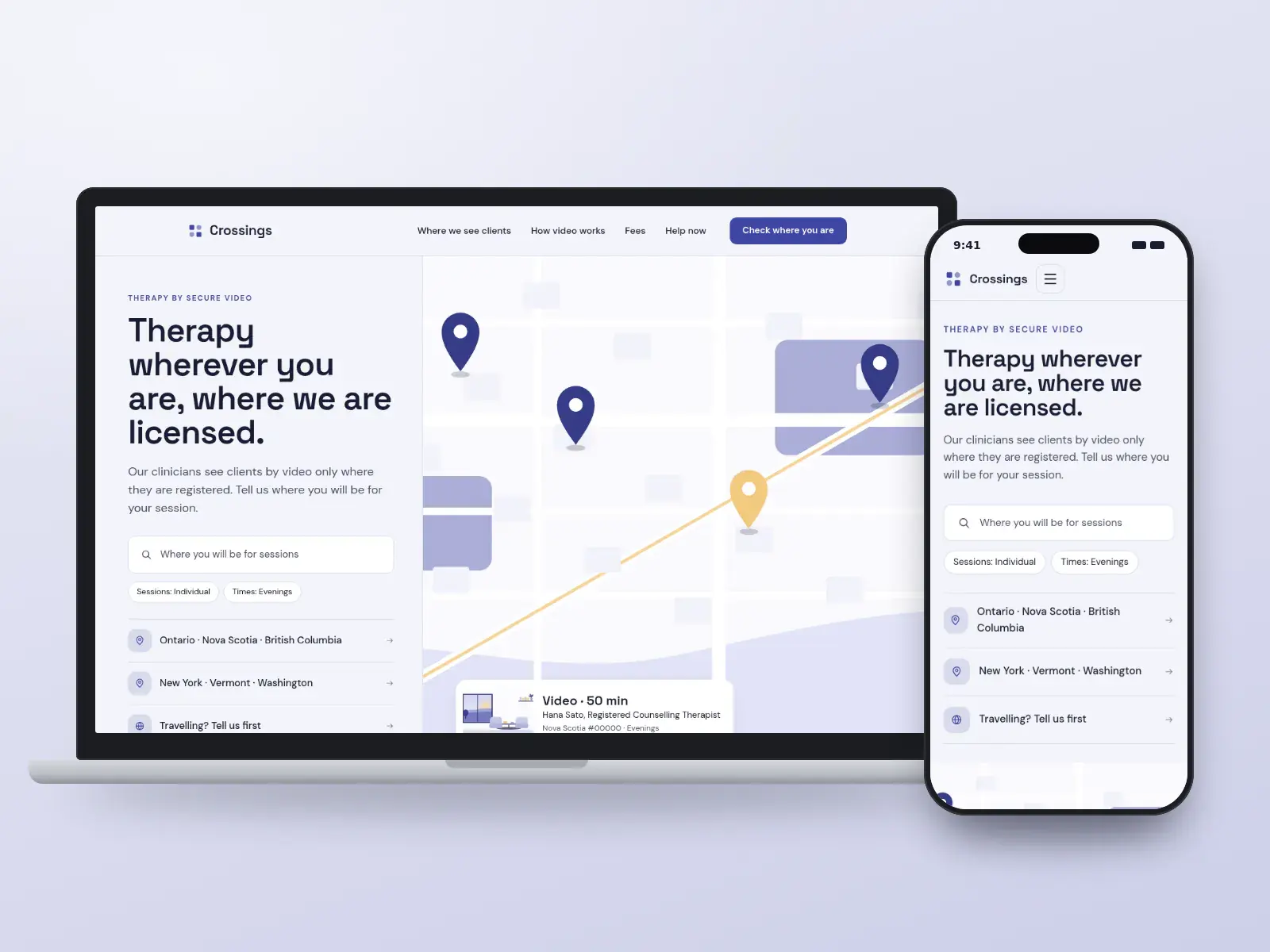 Crossings Virtual Therapy, an indigo and mist video therapy website with a map, a location check and a list of provinces and states where its clinicians are registered, on a laptop and a phone.