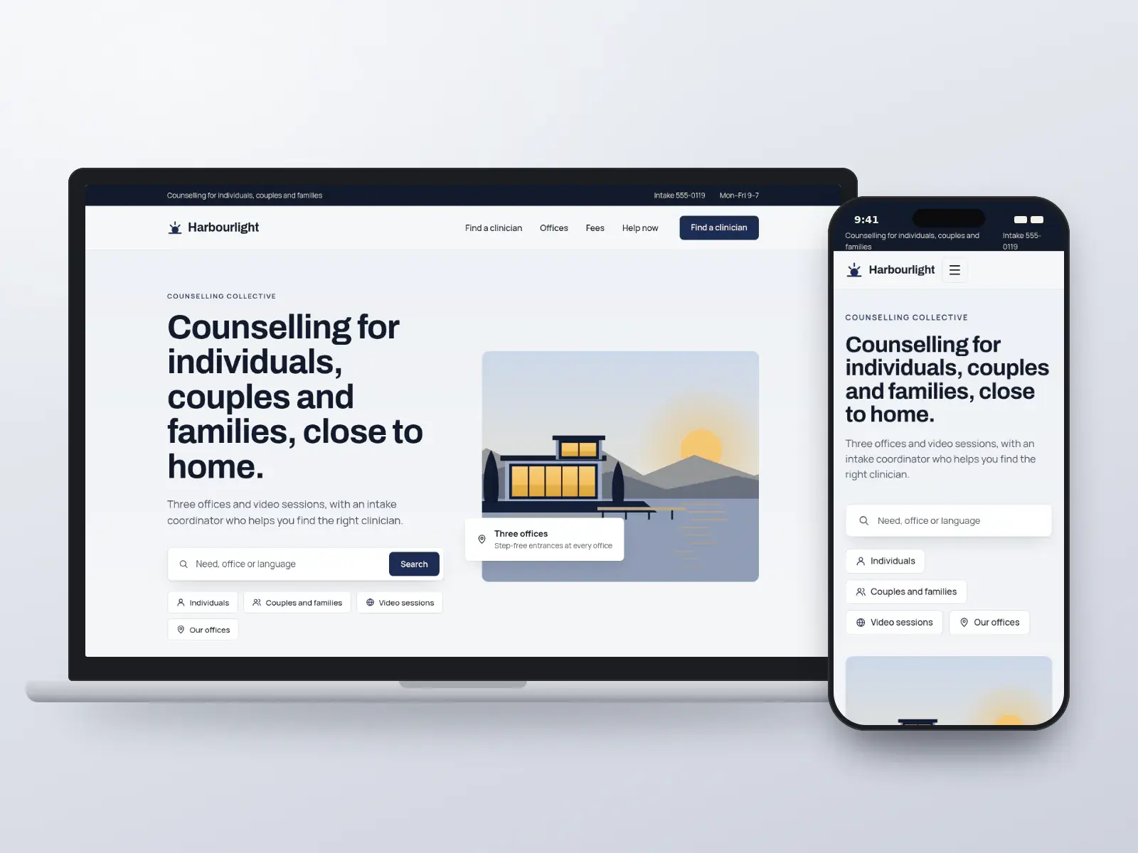 Harbourlight Counselling Collective, a navy and marigold counselling website with a clinician search, quick links and a harbour illustration with an office badge, on a laptop and a phone.