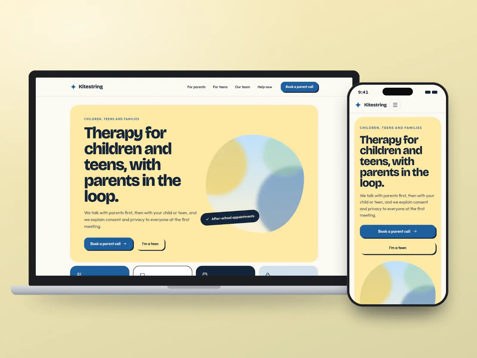 Kitestring Child & Family Therapy, a sky blue and sunflower family therapy website with large type, a rounded illustration and two big doors for parents and teens, on a laptop and a phone.