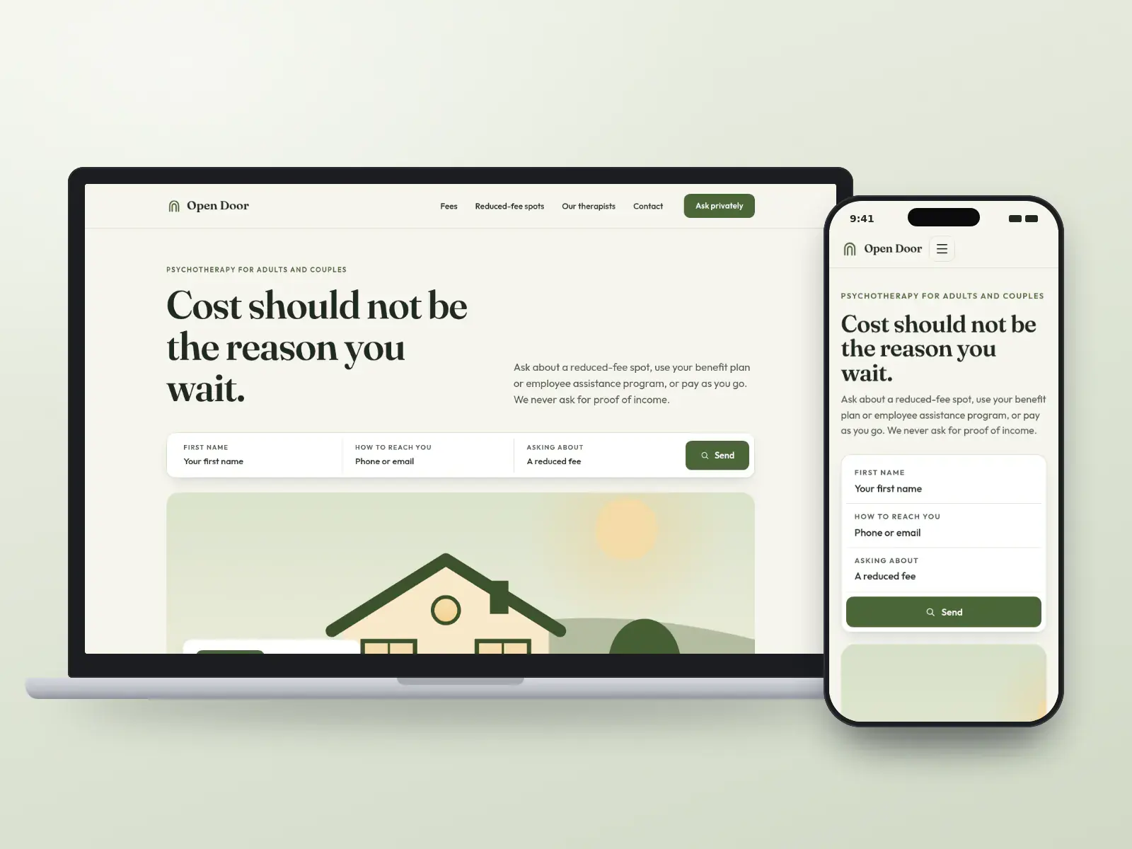 Open Door Psychotherapy, a moss and cream psychotherapy website with a private reduced-fee request bar and a wide illustration of a home with a garden path, on a laptop and a phone.