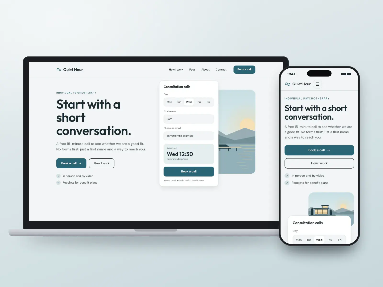 Quiet Hour Therapy, a lake and fog psychotherapy website with consultation-call times beside a calm lakeside illustration at dawn, shown on a laptop and a phone.