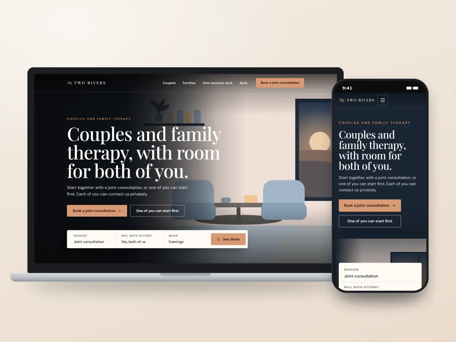 Two Rivers Couples Therapy, a river blue and clay couples therapy website with a full-width illustration of a calm room with two chairs and a booking bar, on a laptop and a phone.
