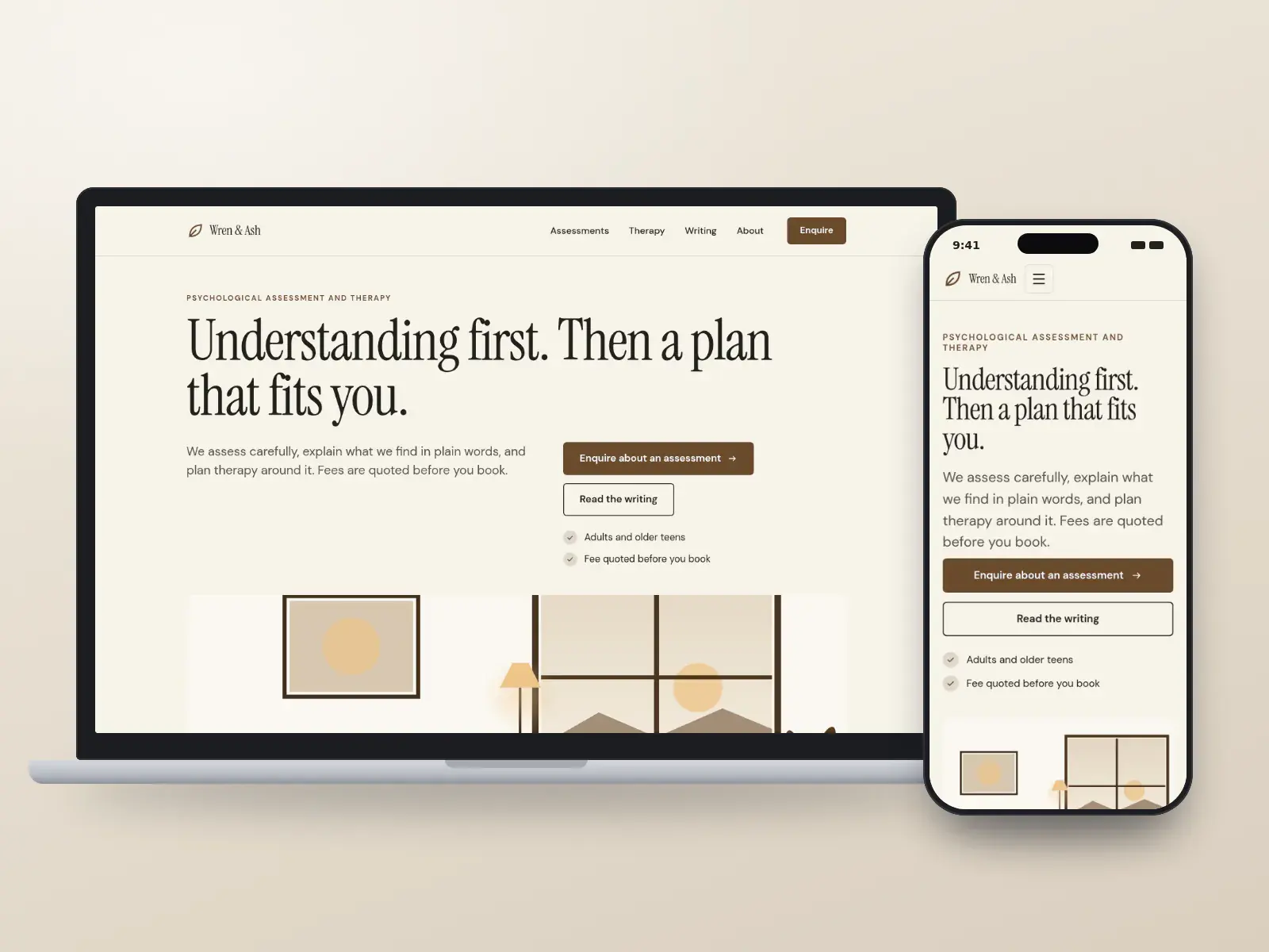 Wren & Ash Psychology, an ink and parchment editorial psychology website with a large serif headline, a wide calm interior illustration and an index of articles, on a laptop and a phone.
