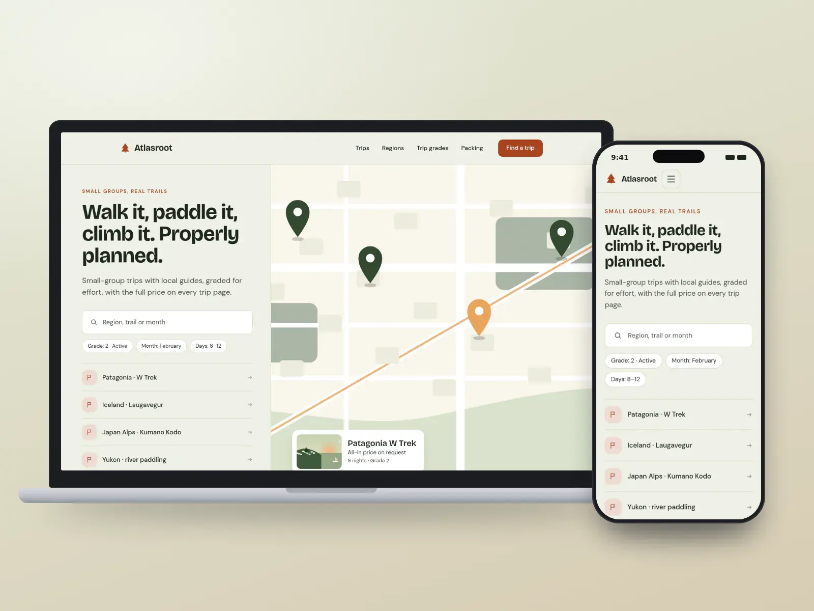 Atlasroot Expeditions, a moss green and ember adventure travel website with a region search, trip grades and a drawn map with a featured trek card, on a laptop and a phone.