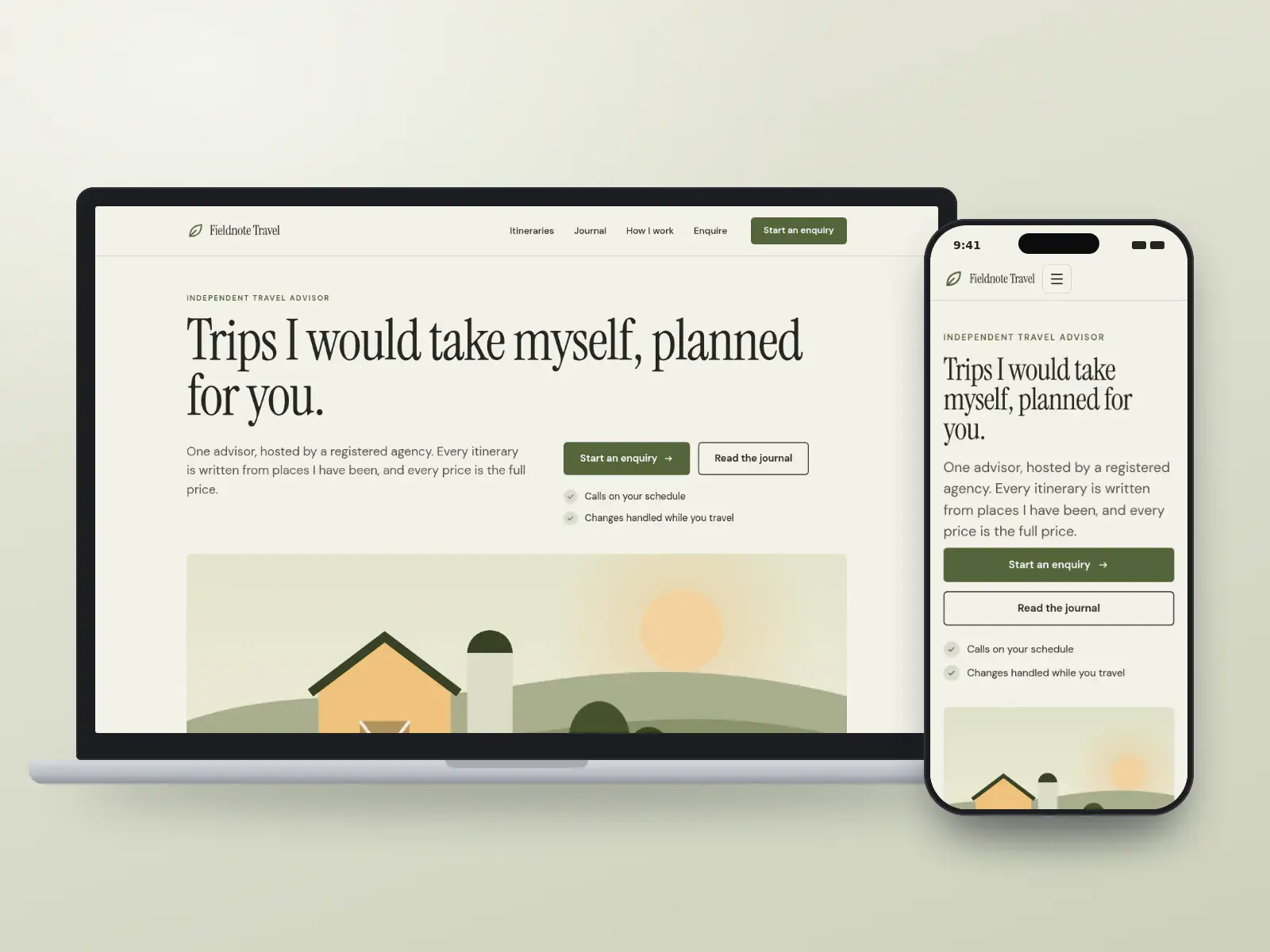 Fieldnote Travel, an olive and paper editorial website for an independent travel advisor with a large serif headline, a hillside illustration and itinerary articles, on a laptop and a phone.