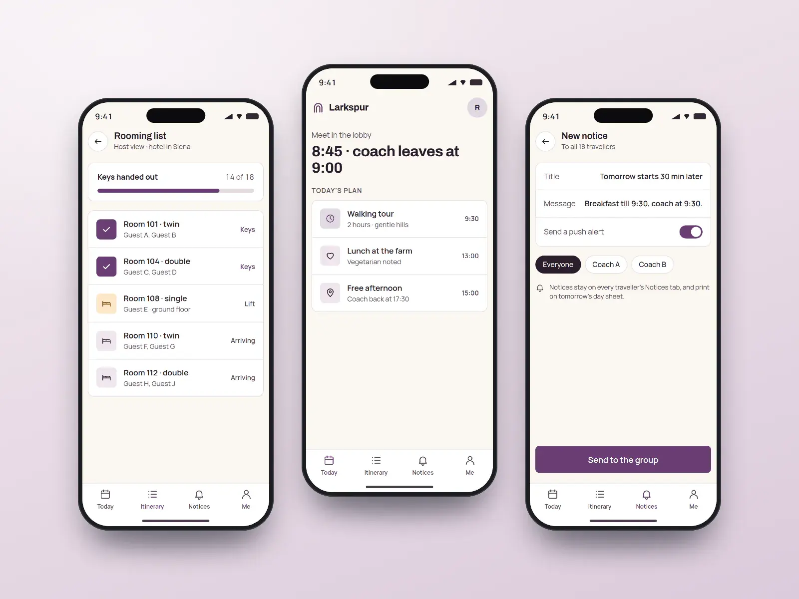 Larkspur group hub, three plum and cream phone screens: today’s meeting point and time for a hosted tour, the rooming list in the host view, and a group announcement composer.