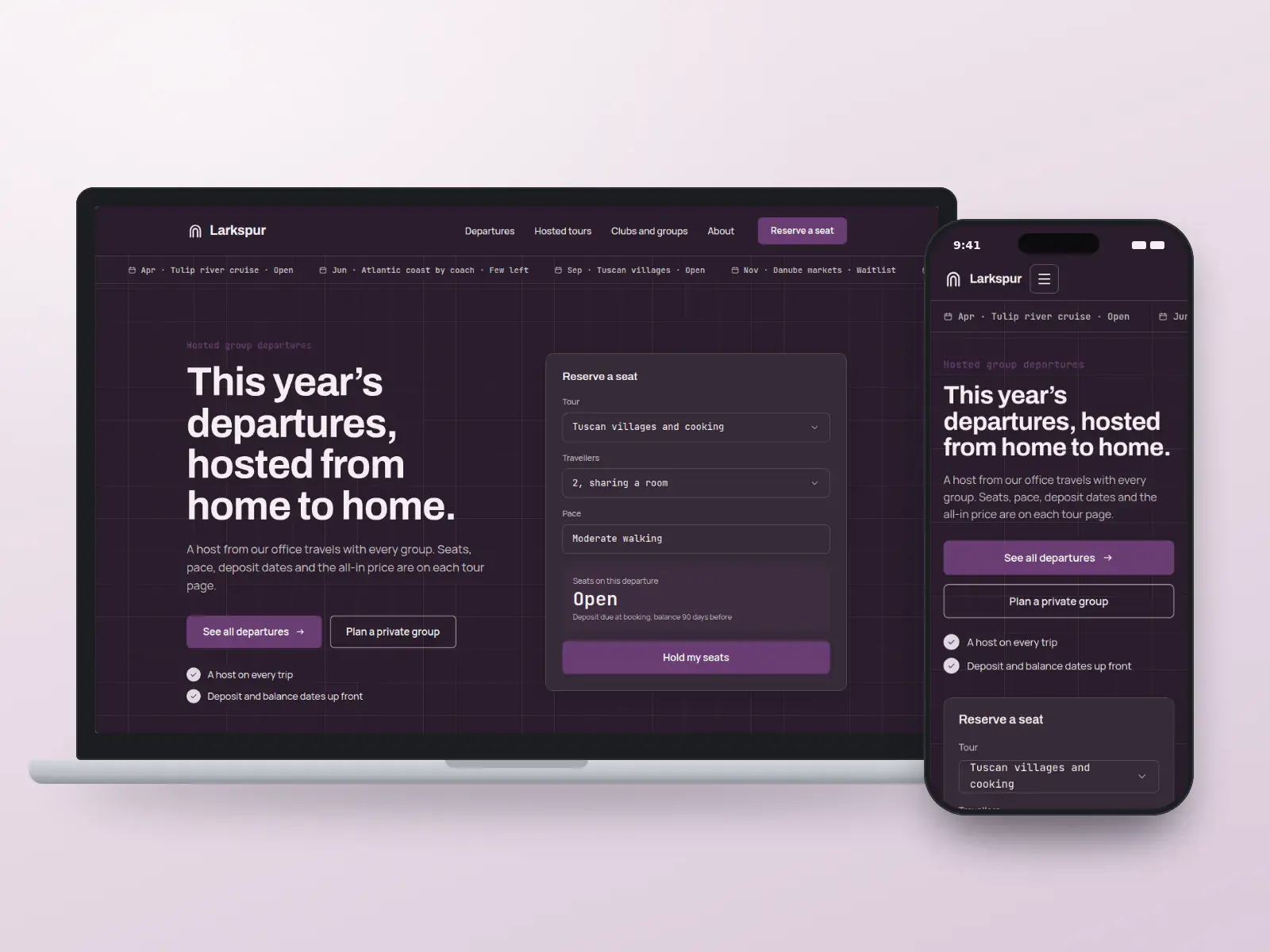 Larkspur Group Journeys, a plum and cream hosted group tour website with a departures ticker, a seat reservation panel and a timetable of tours, shown on a laptop and a phone.