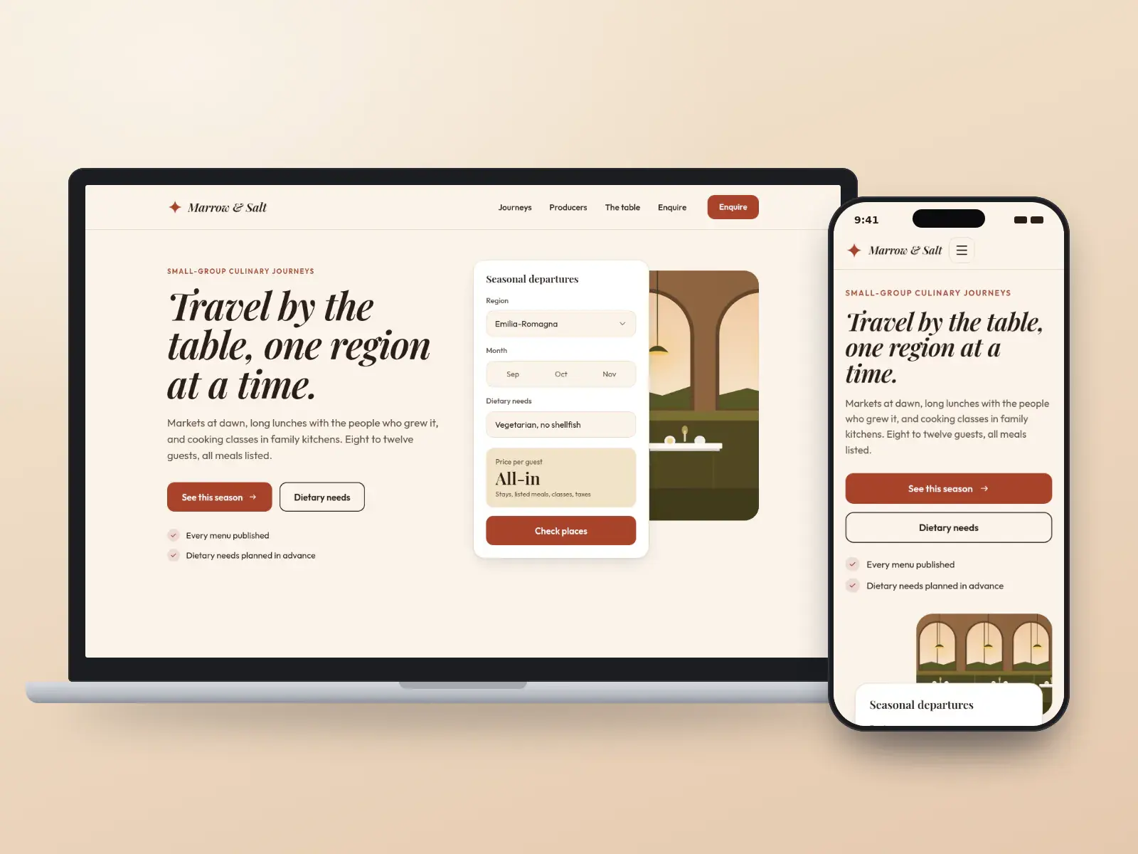 Marrow & Salt Culinary Journeys, a terracotta and olive gold food tour website with a long-table dining illustration and a seasonal departures panel, shown on a laptop and a phone.