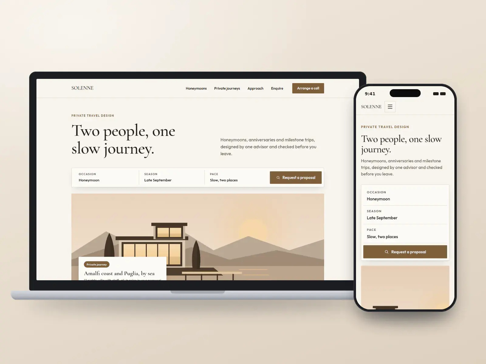Solenne Voyages, a champagne and ink luxury honeymoon travel website with a serif headline, an occasion and season search, and a featured villa illustration, on a laptop and a phone.