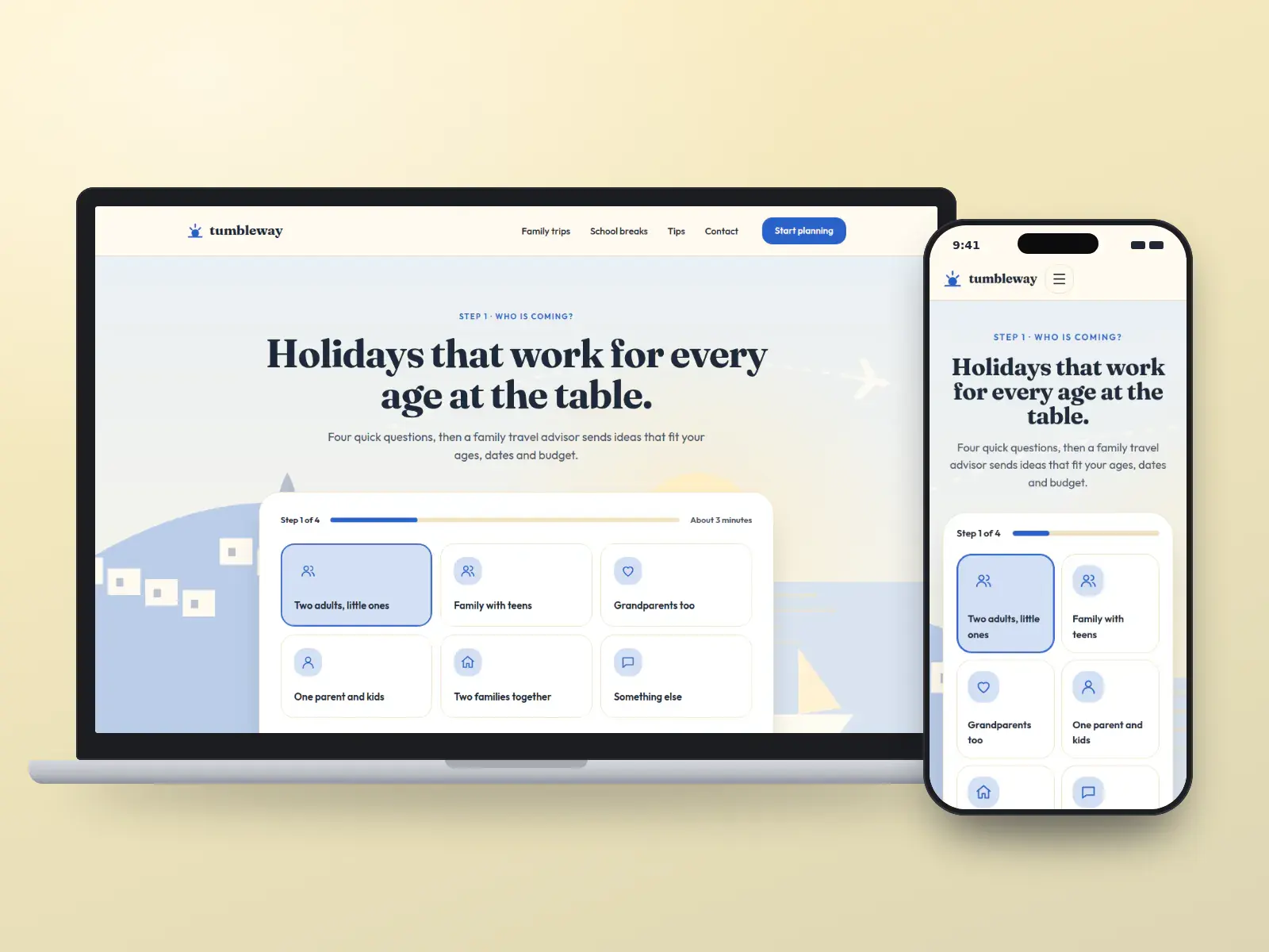 Tumbleway Family Travel, a sunny yellow and harbour blue family holiday website with a who is coming question card and large tiles for each kind of family, on a laptop and a phone.