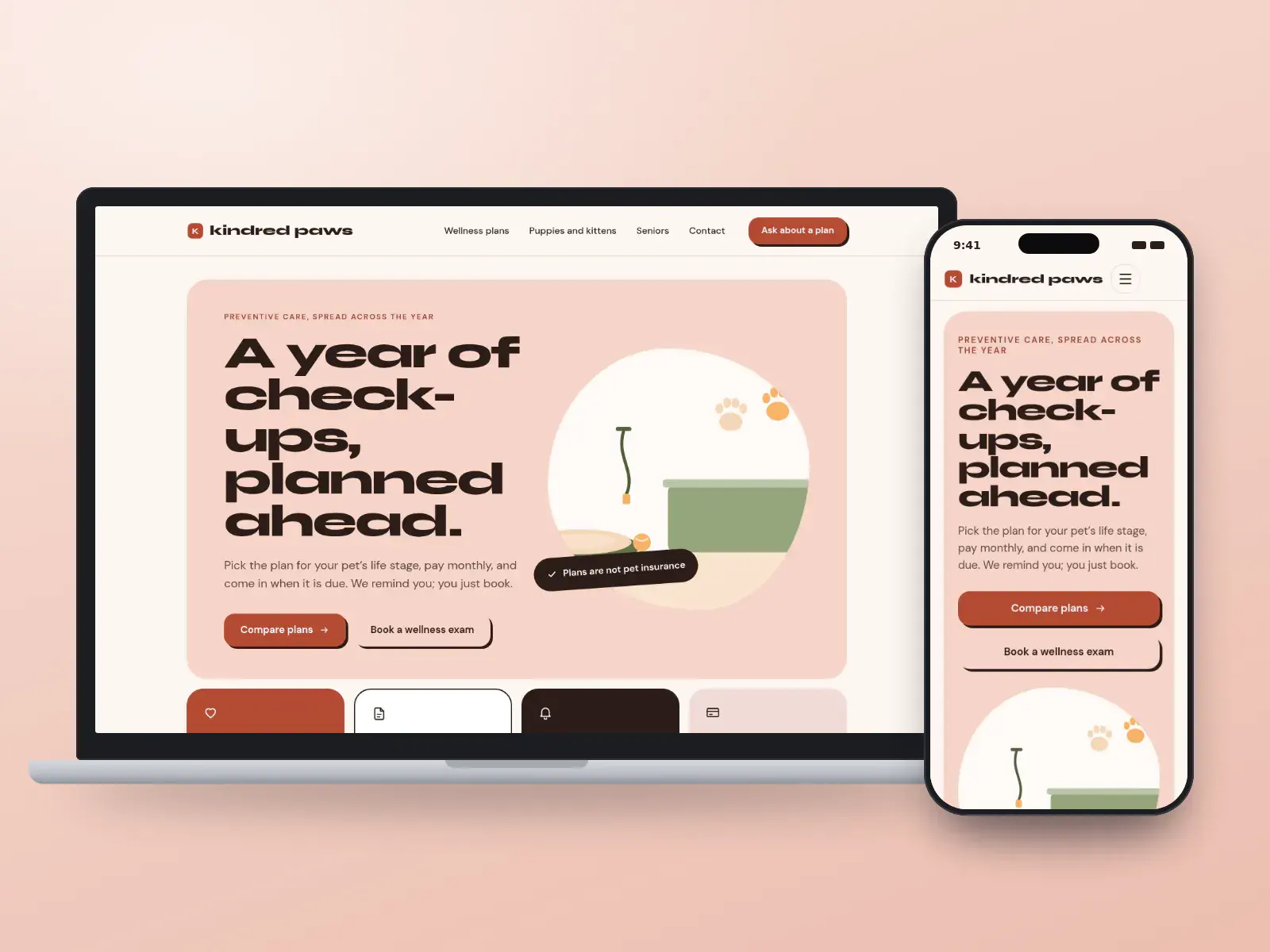 Kindred Paws Veterinary, a coral and cream veterinary wellness plan website with bold type, a rounded drawing of a clinic room and colourful plan tiles, on a laptop and a phone.