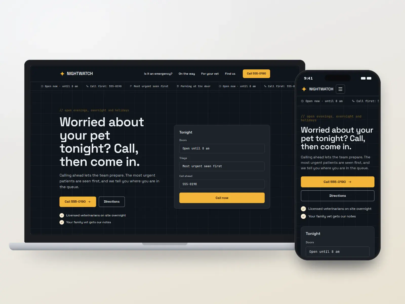 Nightwatch Emergency Veterinary, a dark emergency vet website with signal amber accents, a call-first panel and a ticker showing the hospital is open overnight, on a laptop and a phone.