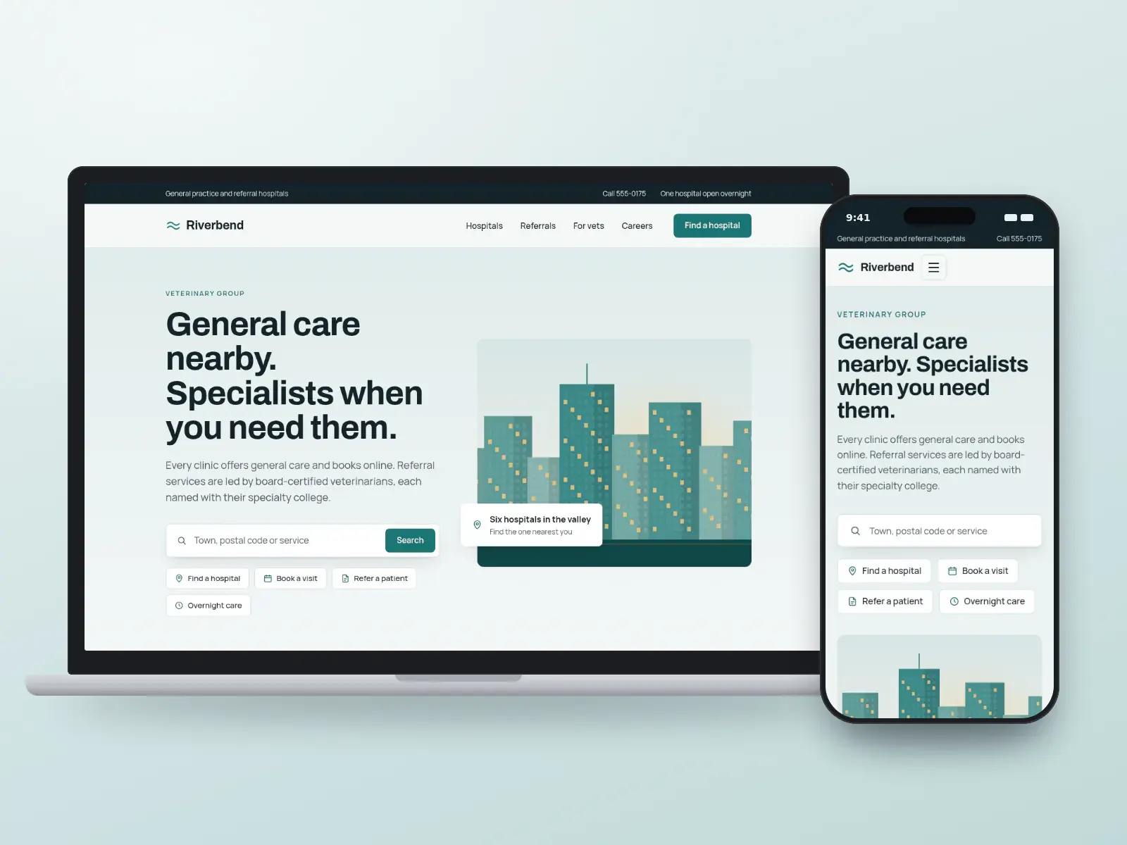 Riverbend Veterinary Group, a slate and teal veterinary group website with a hospital search, quick links for referrals and booking, and a drawing of a hospital building, on a laptop and a phone.