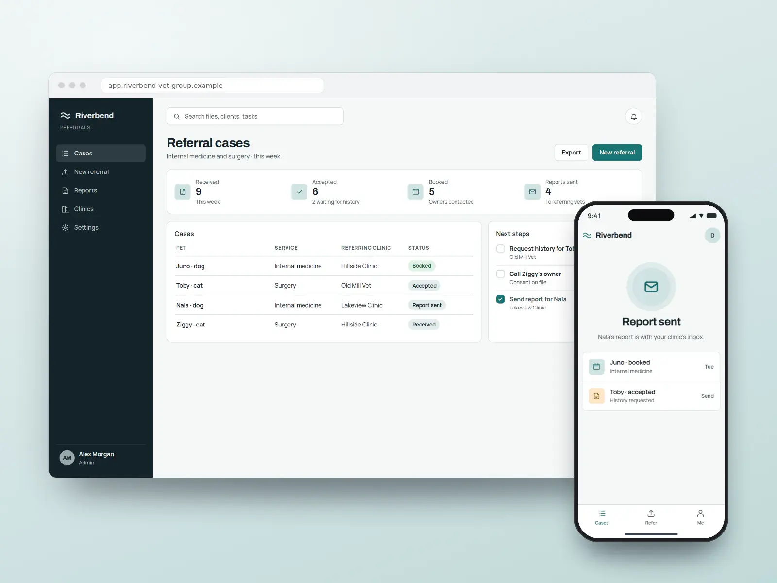 Riverbend referral portal, a slate and teal veterinary referral dashboard in a browser with a case table by status and a task list, beside a phone confirming a report was sent.