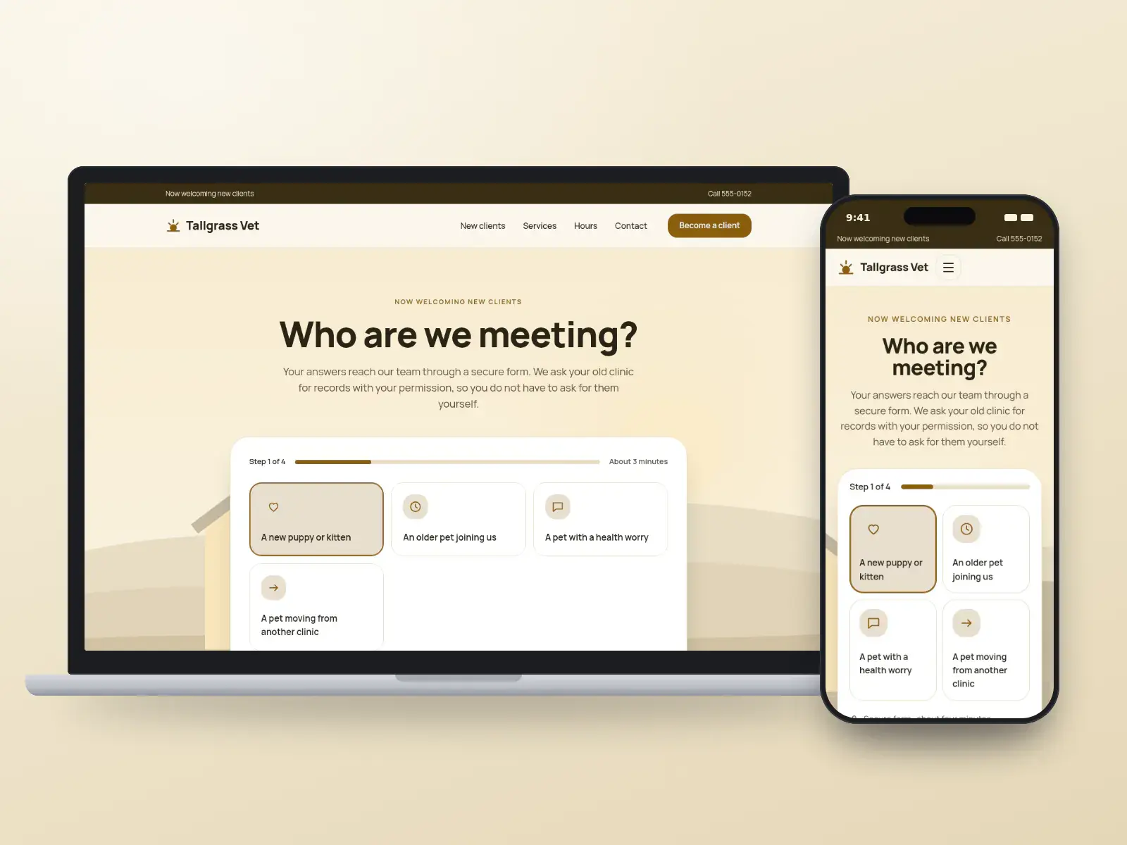 Tallgrass Veterinary Clinic, a prairie gold veterinary website asking who we are meeting, with large tiles for a new puppy or kitten, an older pet and a pet moving clinics, on a laptop and a phone.