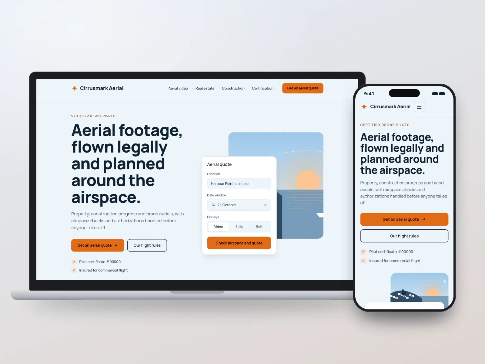 Cirrusmark Aerial, a sky blue and safety orange drone video website with an aerial quote form floating over a coastline illustration with a flight path, shown on a laptop and a phone.