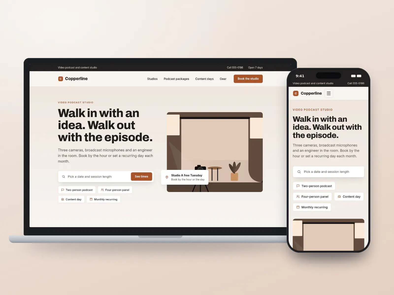 Copperline Studios, a copper and charcoal video podcast studio website with a date search, room shortcuts and an illustration of a lit studio set with a camera on a tripod, on a laptop and a phone.