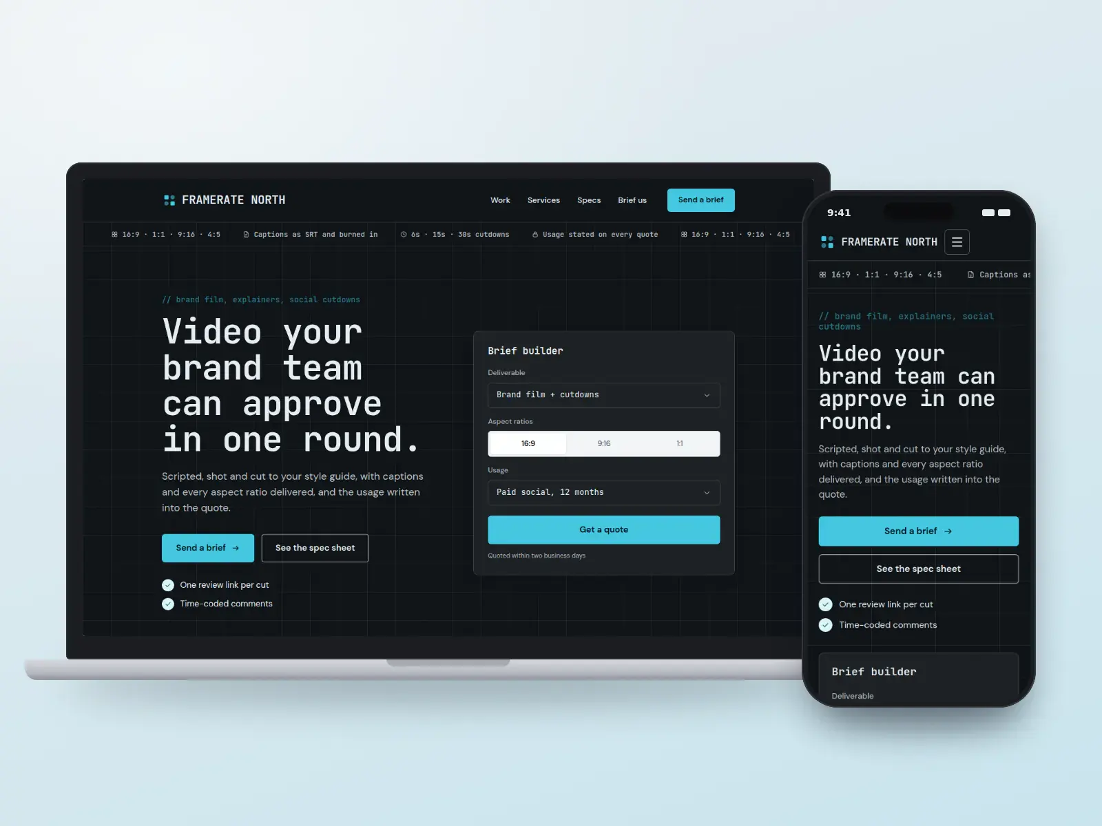 Framerate North, a graphite and cyan corporate video production website with a format ticker, a brief builder panel and a deliverables table, shown on a laptop and a phone.
