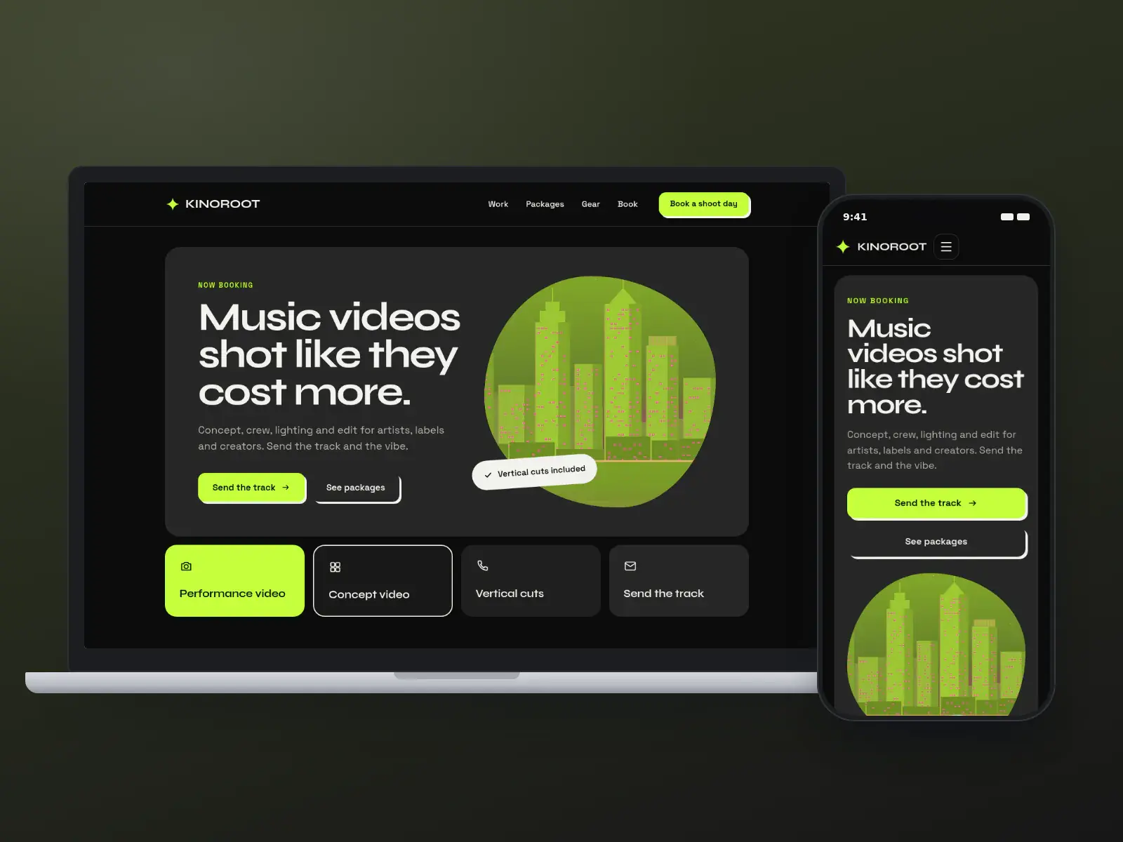 KINOROOT, an acid green on black music video production website with oversized type, a night skyline illustration, a sticker and four package tiles, shown on a laptop and a phone.