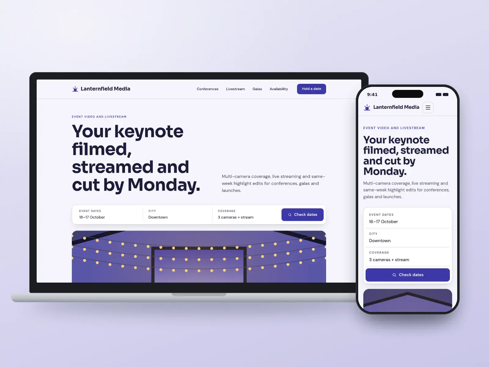 Lanternfield Media, an indigo and saffron event video website with a date and coverage search bar, a wide illustration of a lit event hall and a highlighted open date, on a laptop and a phone.