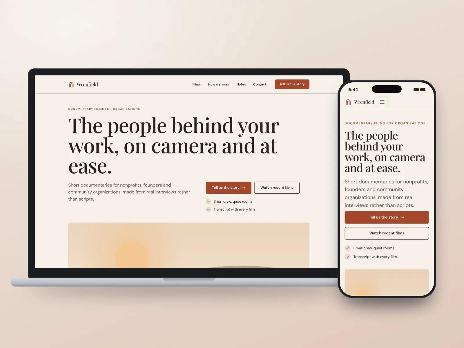Wrenfield Story Co., a rust and oat documentary film website with a long serif headline, a wide illustration of a country road at golden hour and a row of recent films, on a laptop and a phone.