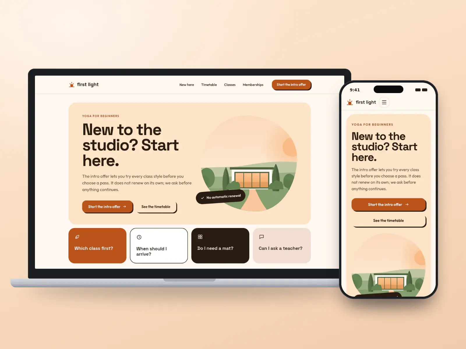 First Light Studio, a sunrise orange and cream yoga studio website with oversized type, a drawn sunny studio and four big tiles for first-timers, shown on a laptop and a phone.