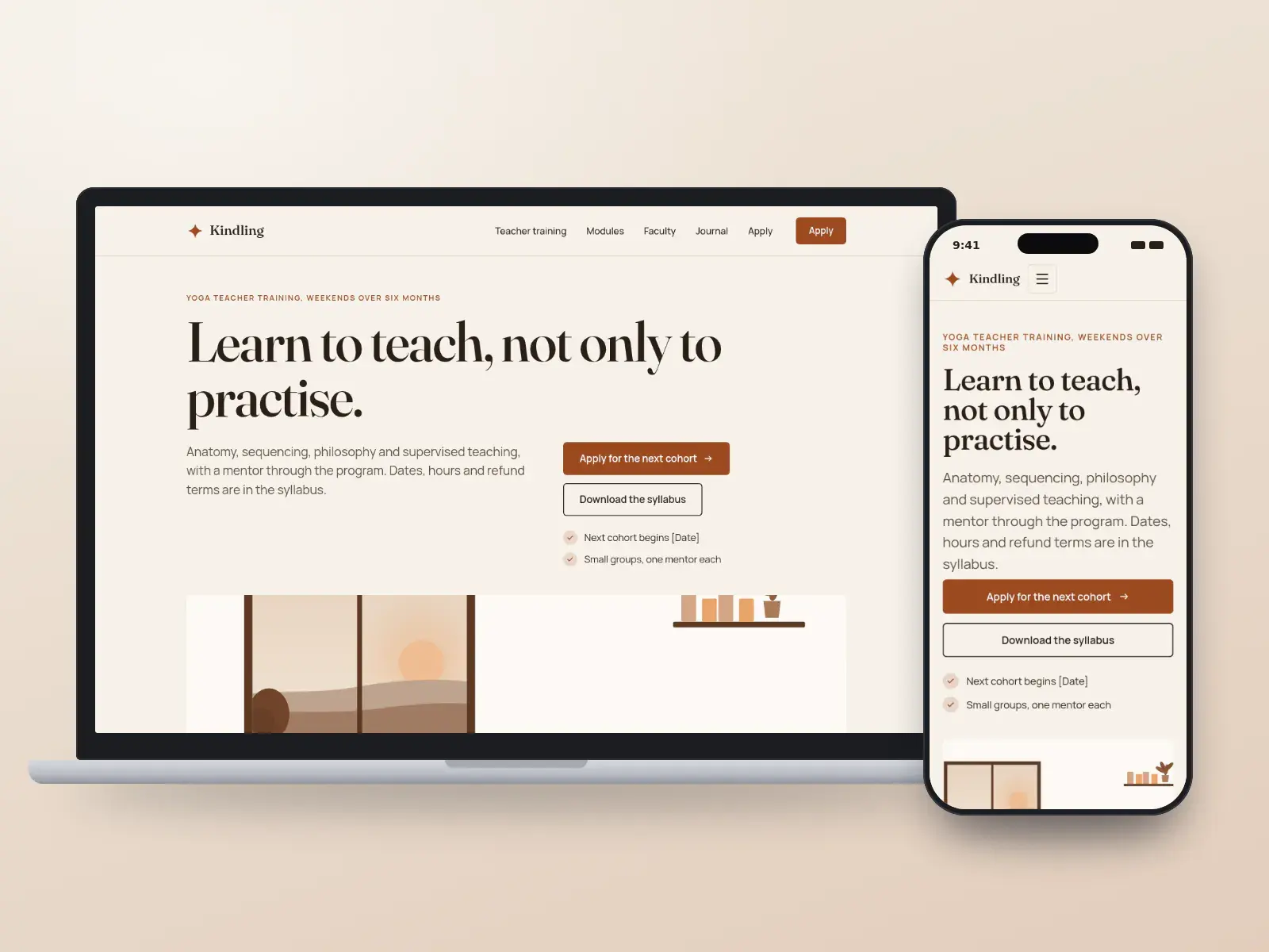 Kindling School of Yoga, an ember and paper editorial yoga teacher training website with a large serif headline and a wide drawing of a teaching room, on a laptop and a phone.