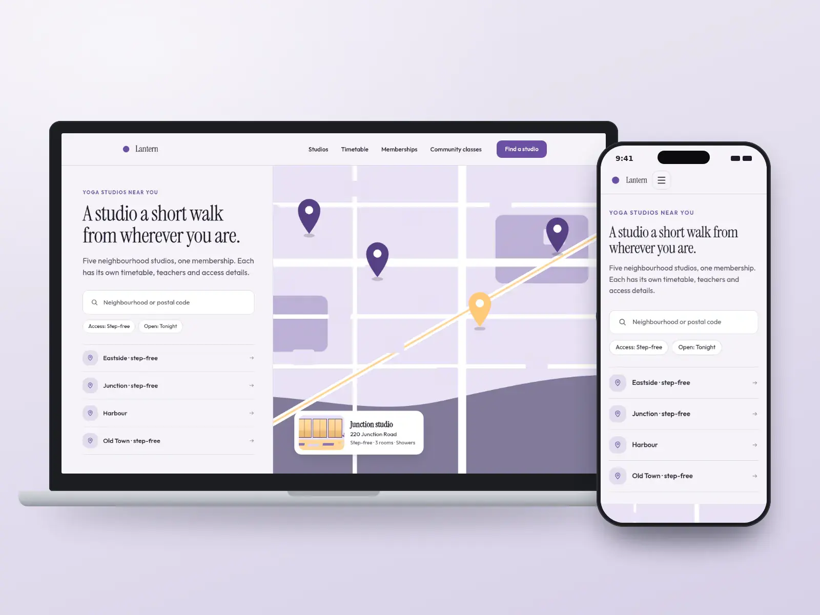 Lantern Yoga Collective, a violet yoga studio group website with a neighbourhood map of studio pins, a studio card and a list of locations, shown on a laptop and a phone.