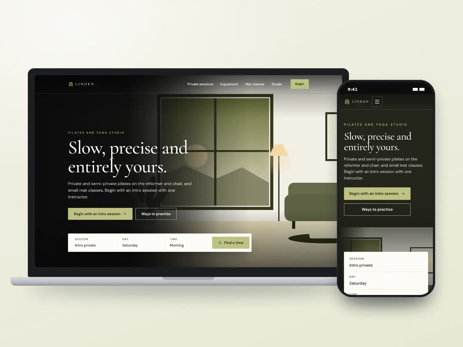 Linden Pilates & Yoga, a linen and olive boutique pilates website with a full-width drawn room, a serif headline and a session finder bar, shown on a laptop and a phone.