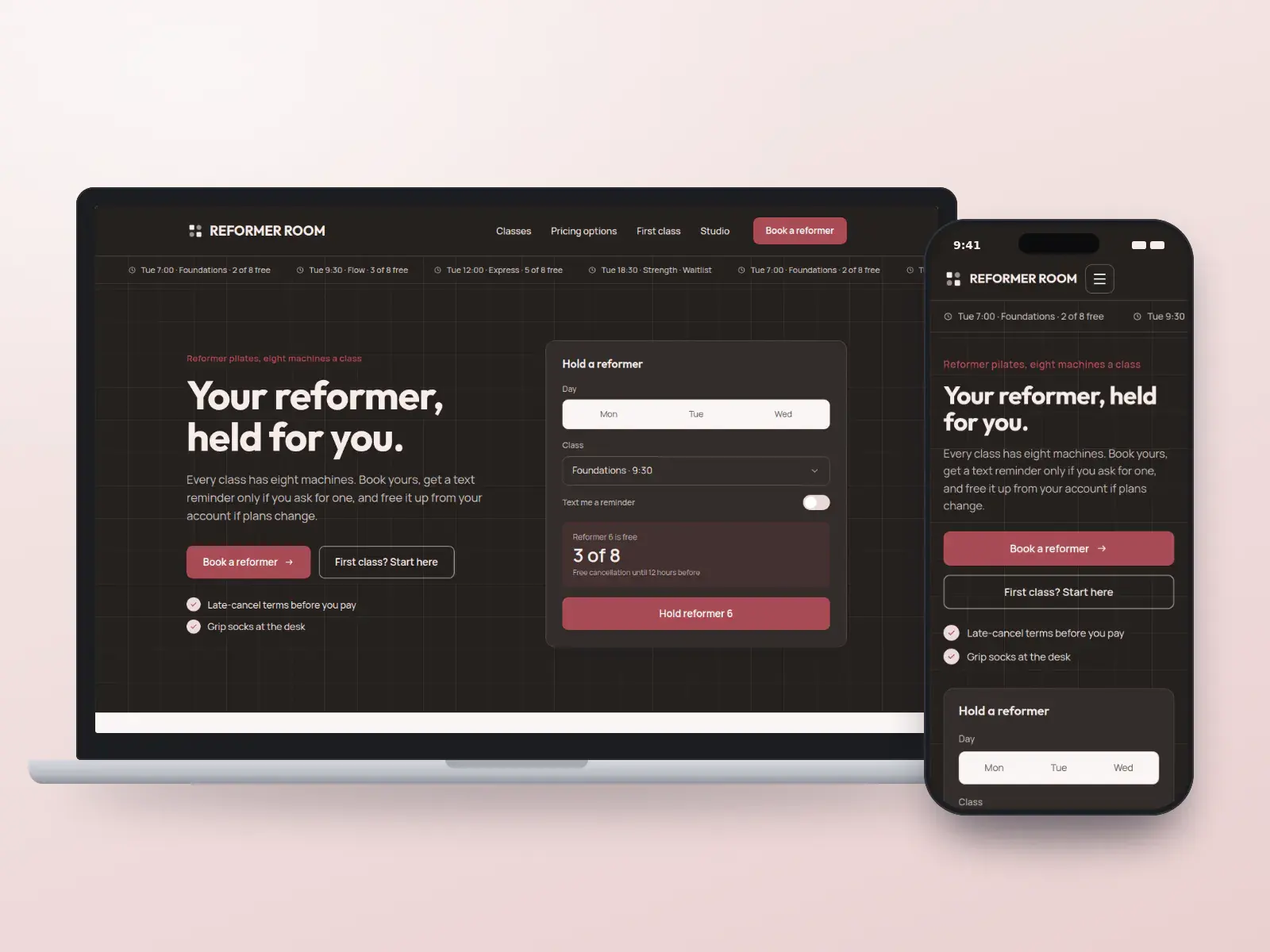 The Reformer Room, a blush and graphite reformer pilates website with a running class ticker, a hold-a-reformer panel and a drawn studio, shown on a laptop and a phone.