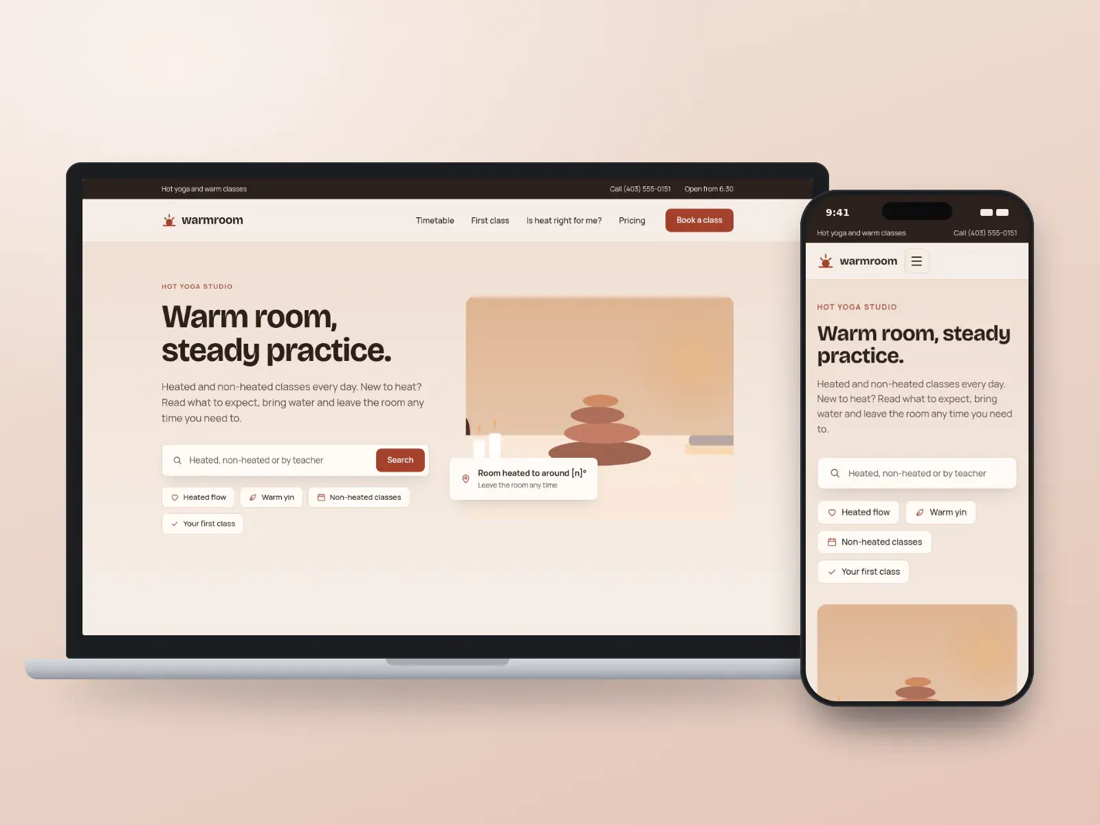 Warmroom Heated Yoga, a terracotta and charcoal hot yoga studio website with a class search, quick links for heated and non-heated classes and a warm drawn room, on a laptop and a phone.